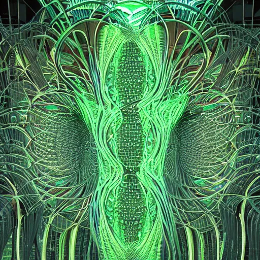 Prompt: an expansive 3d rendering beautiful and complex interwoven luminous fractal art nouveau deco elven mainframe computer forest made of circuit boards.