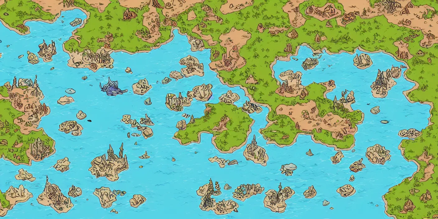 Image similar to a rpg map with regions in separated colors surrounded by ocean detailed, flat colors and strokes