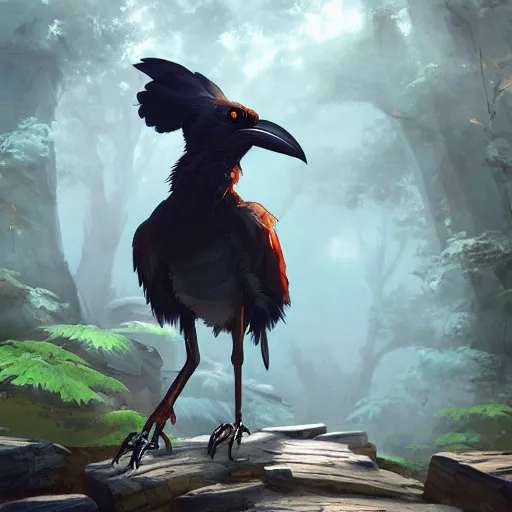 Image similar to concept art painting of an anthropomorphic crow with steampunk clothes, in the deep forest, realistic, detailed, cel shaded, in the style of makoto shinkai and greg rutkowski and james gurney