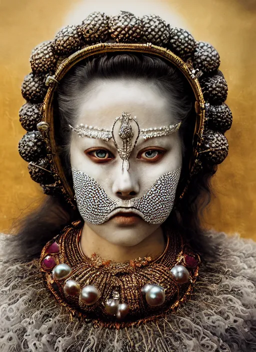 Image similar to hyperrealism, detailed textures, award winning autochrome portrait photo, symetrical japanese pearl beautiful medusa queen autochrome pearl portrait, pearl silverplate, intricate, detailed facial pearl scary animal mask, pearl, golden jewelery, silverplate, ultra realistic, cinematic, intricate, cinematic light by steve mccurry, unreal engine 8 k
