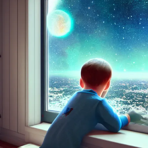 Image similar to a boy looks outside his bedroom window to see the beautiful cosmos, trending on artstation, 8k resolution, octane render