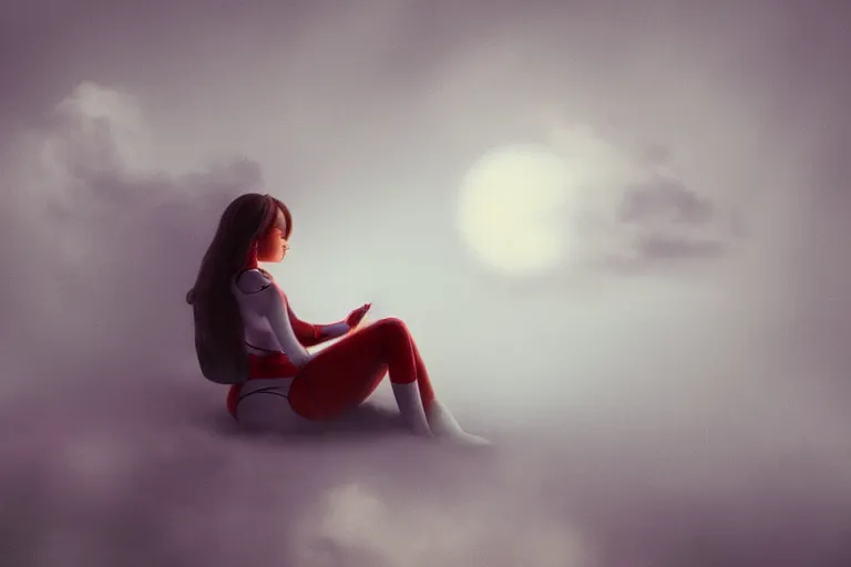 Image similar to a cute robot girl sitting on a cloud relaxing, misty, digital art, hazy, foggy, red lighting, ambient lighting, 8 k,