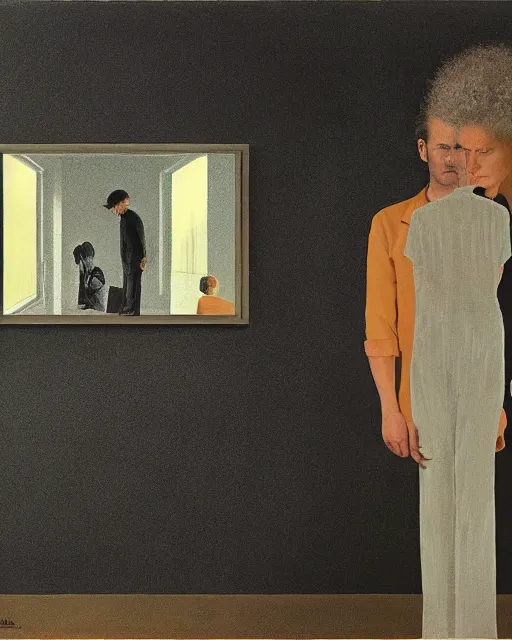 Image similar to man and woman, in the void, by the mirror, station, james gillard, zdislav bexinski, high detail alex colville, otto mueller, jean - michel basquiat, stephen conroy, andrea couch, andrew newell wyeth, daniel meidman yussi picho octane rendering