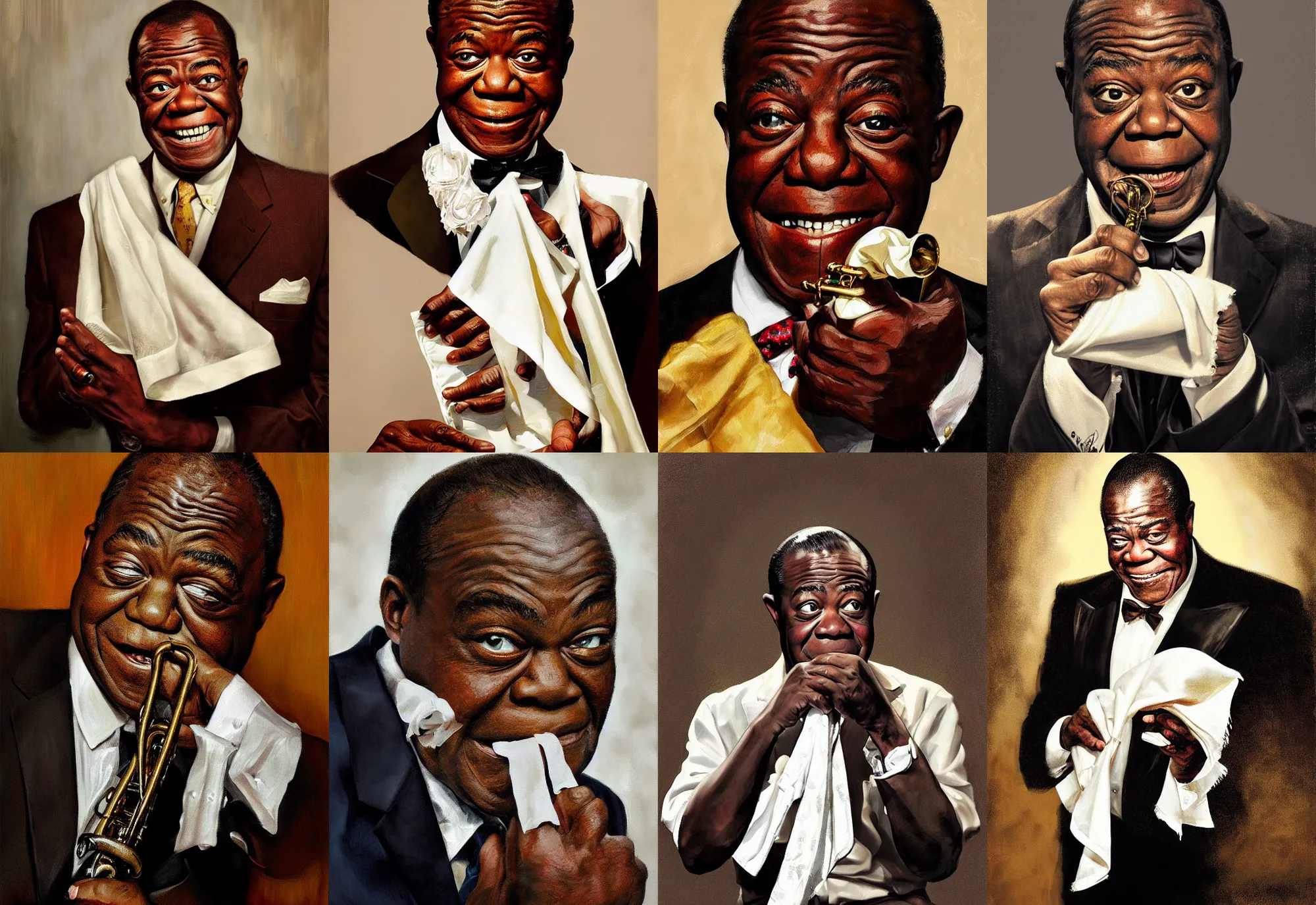 Prompt: a portrait of louis armstrong holding a white handkerchief, by jonathan yeo, dramatic lighting, highly detailed digital painting
