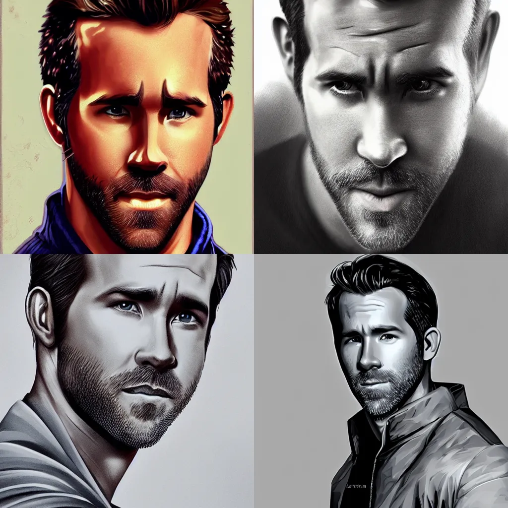 Prompt: Stunning portrait of handsome Ryan Reynolds, digital, artstation