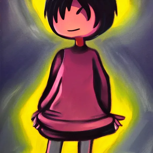 Image similar to expressive oil painting of the character madotsuki from the game yume nikki