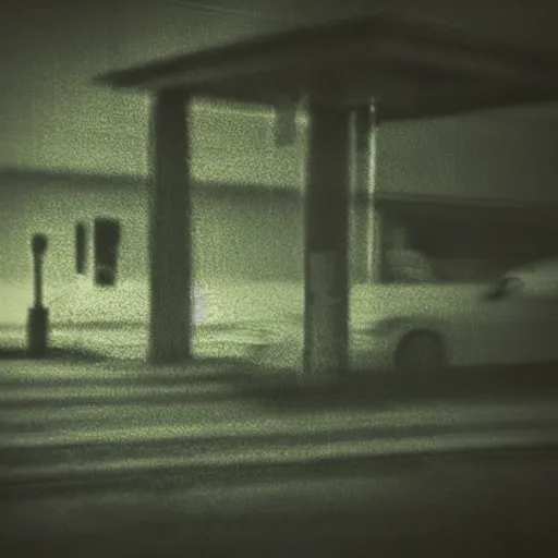 Image similar to insane nightmare, no light, everything is blurred, creepy shadows, petrol station, very poor quality of photography, 2 mpx quality, grainy picture