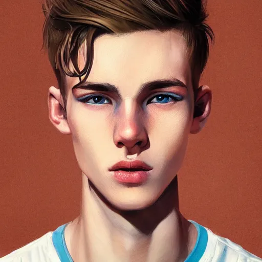 Image similar to colorful Captivating teenage boy with brown blond short quiff hair and thin slightly round facial structure with cleft chin, scruffy beard,bumpy nose, good definition of cheekbones, Alert brown eyes, narrow face, slim body, atmospheric lighting, painted, intricate, 4k, highly detailed by Charlie Bowater