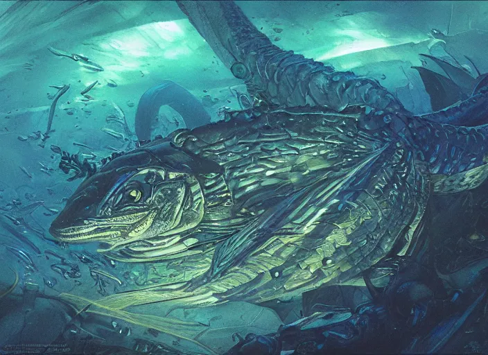 Image similar to pike fish with glowing blue eyes, cybernetic, electronic, glowing veins subsurface scattering, deep sea underwater photography, by gerald brom, by mikhail vrubel, by peter elson, muted colors, extreme detail, trending on artstation, 8 k