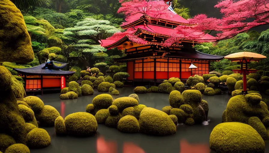 Prompt: a very cozy and surreal magical Japanese temple in a lush waterfall garden, in the style of Gucci and Wes Anderson, photographed by Petra Collins, glowing lights and floating lanterns, foggy atmosphere, rainy, moody, muted colors, magic details, very detailed, 8k, cinematic look