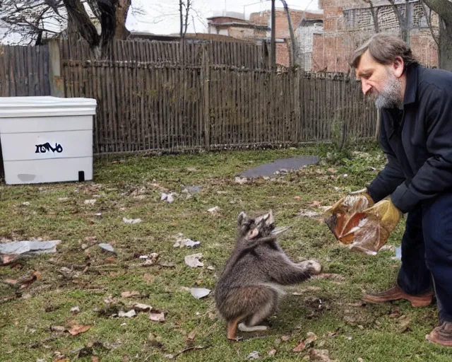 Image similar to slavoj zizek stealing trash from a racoon near a trash container