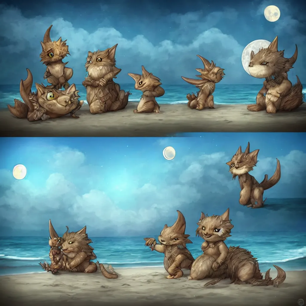 Image similar to cute fantasy critters at a beach looking at the moon, ultra realistic, concept art, highly detailed