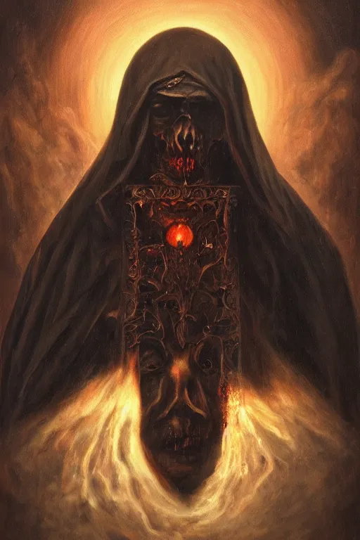 Image similar to portrait of an ominous mysterious horrific omniscient religious figure performing a dark ritual, oil on canvas, romanticism style, ornate, elegant, highly detailed, surrealism, concept art, trending on artstation