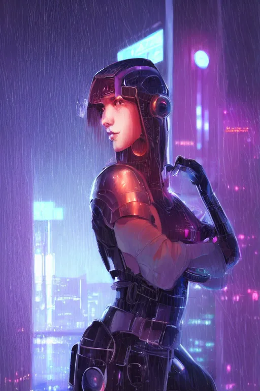 Image similar to portrait futuristic tawny cyberpunk young female Paladin, in futuristic heavily raindrop tokyo rooftop cyberpunk night, ssci-fi, fantasy, intricate, very very beautiful, elegant, neon light, highly detailed, digital painting, concept art, human anatomy, soft light, hdri, smooth, sharp focus, illustration, art by tian zi and craig mullins and WLOP and alphonse mucha