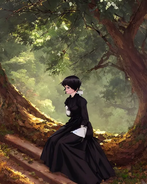 Prompt: a victorian maid with black bob hairstyle sitting under a tree. in a forest. detailed face. coherent. by makoto shinkai, stanley artgerm lau, wlop, rossdraws, james jean, andrei riabovitchev, marc simonetti, krenz cushart, sakimichan, trending on artstation, digital art.