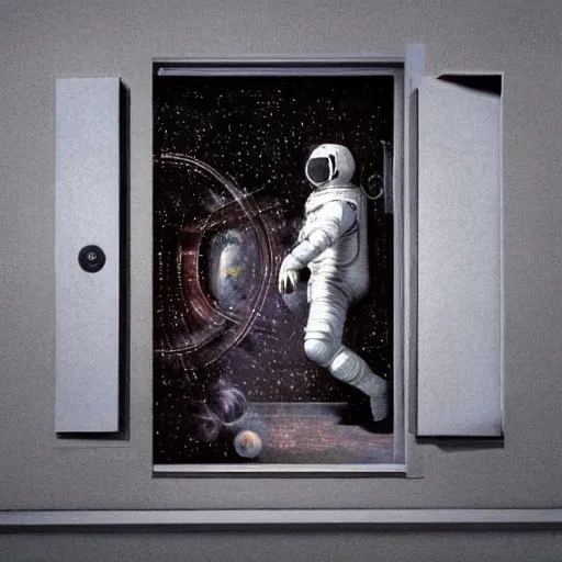 Image similar to photo - realism, space astronaut opening door that shows space and time created by leonardo davinci with extra detail, epic.