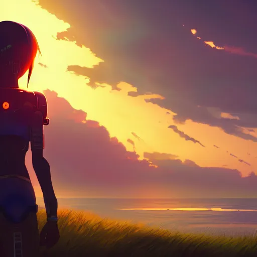 Image similar to A cyborg girl standing on the hill looking at the sea with a sunset in style of Makoto Shinkai and Cyberpunk. ArtStation, 8K, Highly Detailed, Intricate, Album Art.