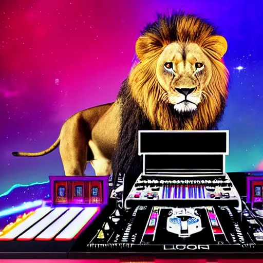 Prompt: Lion with crown in DJ booth in space, synthwave