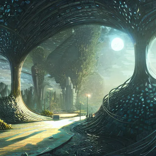 Image similar to space utopia where the path ways are filled with fauna, intricate building design, dynamic lighting, photorealistic fantasy concept art, trending on art station, stunning visuals, creative, cinematic, ultra detailed, ray tracing, sun rays