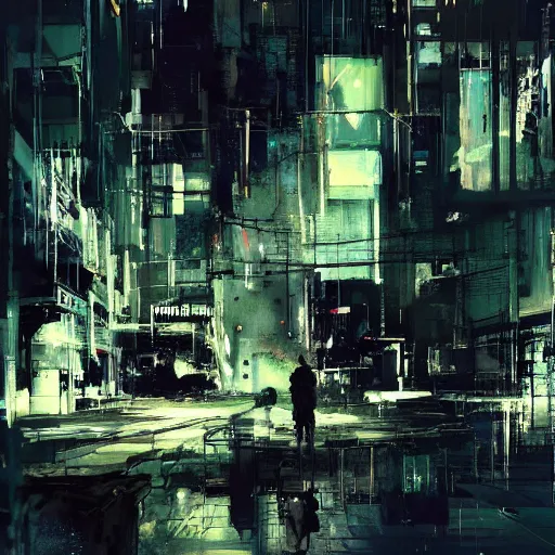 Prompt: a cyberpunk, wires, machines, in a dark future city by jeremy mann, francis bacon and agnes cecile, ink drips, paint smears, digital glitches glitchart c - 1 0