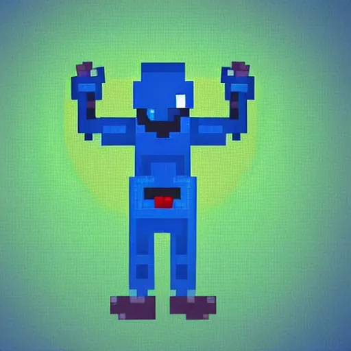 Image similar to blue robot ghost wearing a letterman jacket and genie pants, v mouth, cow lick hair practicing magic in a green slime filled city pixel art wide angle view realistic high detail