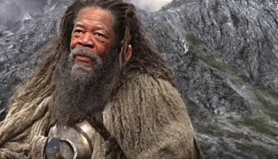 Image similar to morgan freeman starring as gimli in lord of the rings, cnn news footage taken from above.