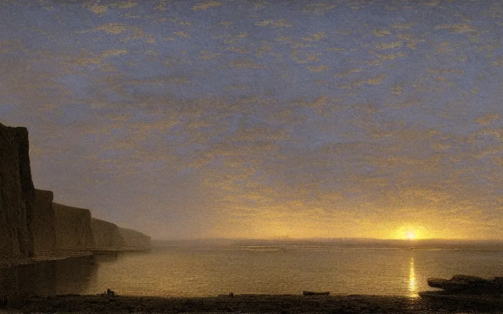 Image similar to Cuckmere Haven at dusk, cinematic lighting, intricate ink illustration, by albert bierstadt