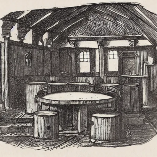 Image similar to Sketch of a medieval tavern with one floor, a counter, four round tables and a fireplace