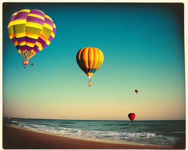 Image similar to a futuristic hot air balloon floats over a beach at violet and yellow sunset, whimsical and psychedelic art style, 1 9 6 0 s, polaroid photo, grainy, colorful, expired film