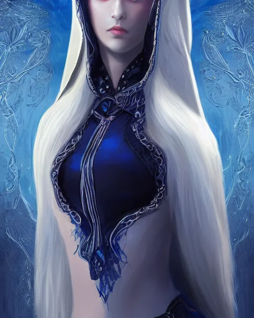 Image similar to A beautiful mysterious girl with hooded cobalt-blue eyes and silky white hair, guitar shape build, her wardrobe is attractive, full body, fantasy art, in the style of Fernando Juarez, illustration, epic art, fantasy, intricate, elgant, amazing detail, digital painting, artstation, concept art, smooth, sharp focus