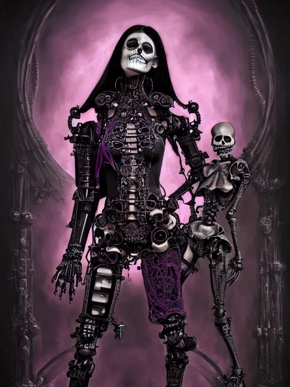 Prompt: body picture of female steampunk necromancer and her two robotic skeletons, skintight black clothes, dark purple cape, black skin, pink straight hair, high fantasy, black metal fractal background, ornamental, intricate, dnd, highly detailed, two arms, detailed face, smooth, sharp focus, digital painting, by artgerm and greg rutkowski and alphonse mucha