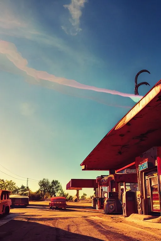 Image similar to a sunset light landscape with historical route 6 6, lots of sparkling details and sun ray ’ s, blinding backlight, smoke, volumetric lighting, colorful, octane, 3 5 mm, abandoned gas station, old rusty pickup - truck, beautiful epic colored reflections, very colorful heavenly, softlight