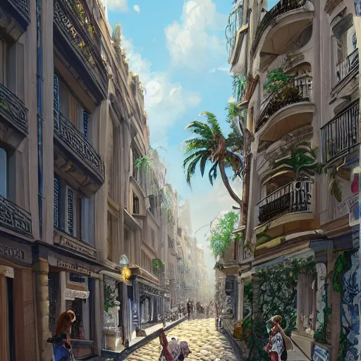 Image similar to the beautiful city of paris rebuilt near the pacific ocean in sunny california, amazing weather, sandy beach, palm trees, splendid haussmann architecture, digital painting, highly detailed, intricate, concept art, matte painting, trending on artstation