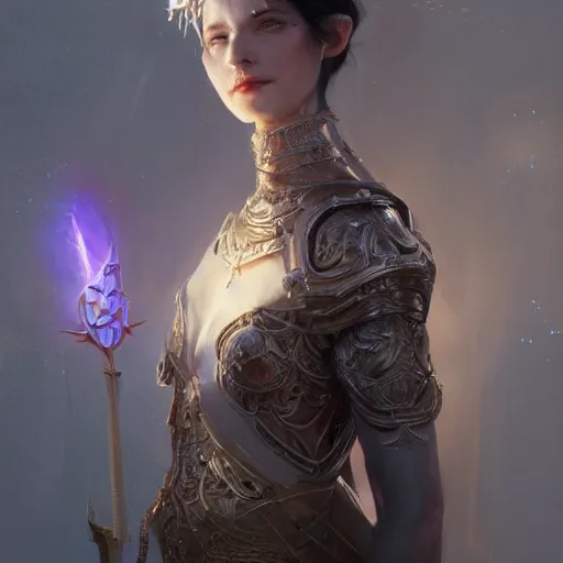 Prompt: portrait of a fantasy tall woman with black hair pale skin and a crown on her head, intricate baroque armour, glowing aura, trending on artstation, 4 k, greg rutkowski, concept art, matte painting,
