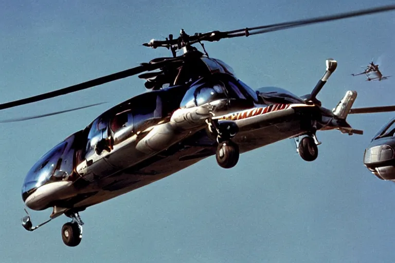 Prompt: Airwolf flying above Knight Rider, helicopter above sports car, action TV show, cinematic lighting, 1980s television show