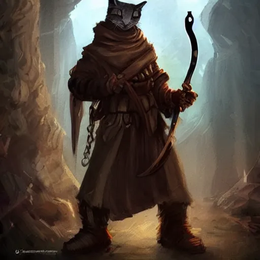 Image similar to humanoid homeless cat wielding a sword and wearing rags, d & d, fantasy, concept art, trending on artstation