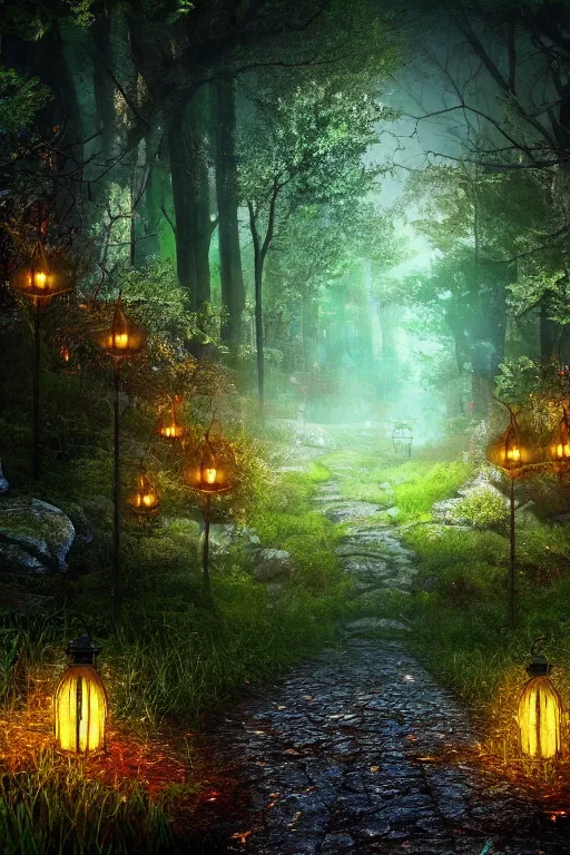 Image similar to a beautiful digital glossy clear sharp of a detailed gothic fantasy fireflies forest trees roots mushrooms fireflies moonlight and iron gate cobblestone pathway vines ground fog by james gurney, 8 k resolution trending on artstation