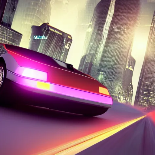 Image similar to deep perspective, the background is a cyber city sharp photorealistic octane render, bokeh in the background, a futuristic curvy neon delorean hover in the foreground,