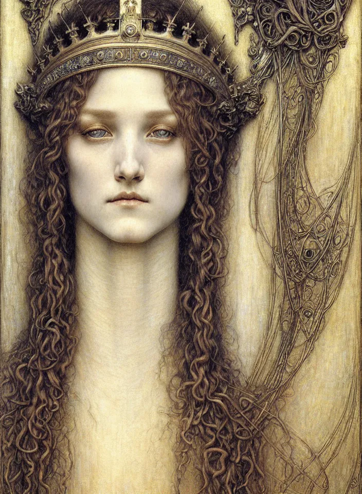 Image similar to detailed realistic beautiful young medieval queen face portrait by jean delville, gustave dore and marco mazzoni, art nouveau, symbolist, visionary, gothic, pre - raphaelite. horizontal symmetry