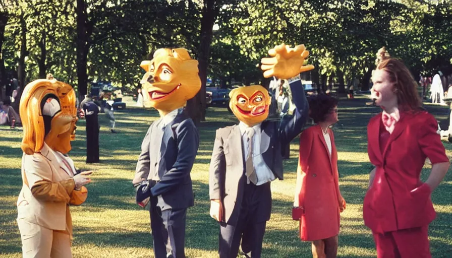 Prompt: 1990s candid photo of a beautiful day at the park, cinematic lighting, cinematic look, golden hour, costumed business mascot people coming out of a portal, Enormous personified business people with outstandingly happy faces coming out of a portal and talking to families, UHD