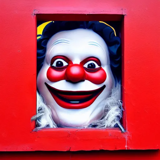 Image similar to Ronald McDonald smiling in a liminal space