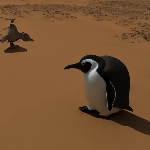 Image similar to shit Penguin in the desert, Pyjama british Air force Officer, octane render, unreal engine, 8k high definition