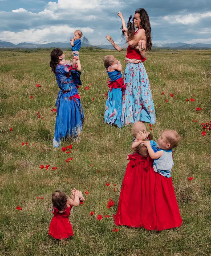 Prompt: a woman playing with two babies in a dried out meadow, one red flower behind her on the right side, one baby has a blue cloth and is playing with a cross, on the horizon there is a blue lake with a medieval town, water, ships, castle, houses, behind that turquoise mountains, blue sky, woman has a red shirt and a blue skirt, woman is sitting, babies in her lap, pale, red curled hair, some trees, she is holding one baby looking at the one playing with the cross, Raffael, painting, renaissance, oil on wood, 1505