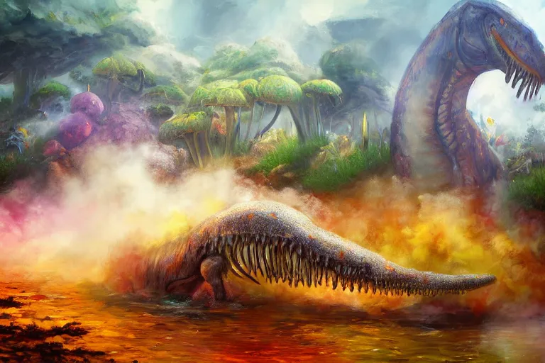 Prompt: highly detailed oil painting of a! tyrannosaurus ( ( mushroom ) ) in a steaming colorful hotspring, featured on artstation