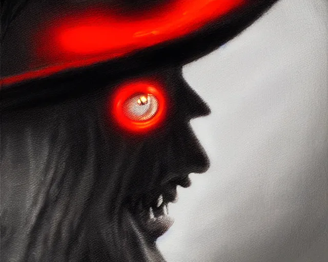 Image similar to closeup profile portrait of jack the ripper with glowing red eyes and bat wings, nicoletta ceccoli, mark ryden, lostfish, max fleischer, hyper realistic, artstation, illustration, digital paint, matte paint, vivid colors, bright, cheerful, detailed and intricate environment