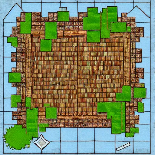 Prompt: D&D battlemap, village on fire, top down square grid