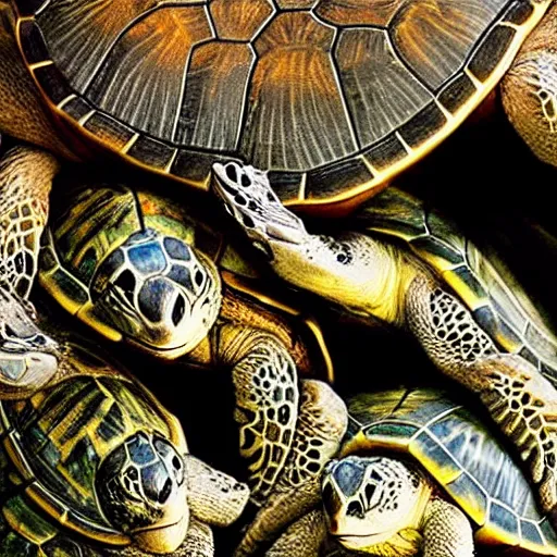 Prompt: a stack of turtles beneath a round disc map, turtle pile