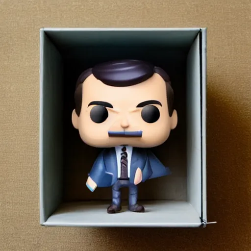 Prompt: a Funco Pop of Don Draper, in a box