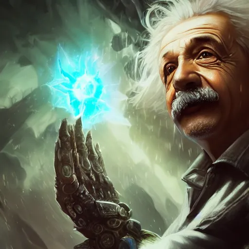 Image similar to portrait of albert einstein as a spellcaster, league of legends amazing splashscreen artwork, gears of war, splash art, natural light, elegant, photorealistic facial features, intricate, fantasy, detailed face, atmospheric lighting, anamorphic lens flare, cinematic lighting, league of legends splash art, hd wallpaper, ultra high details by greg rutkowski