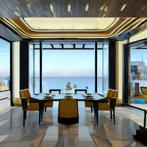 Prompt: dining room of a futuristic but classy mansion, views to the sea, mirror's edge, background of resident evil game